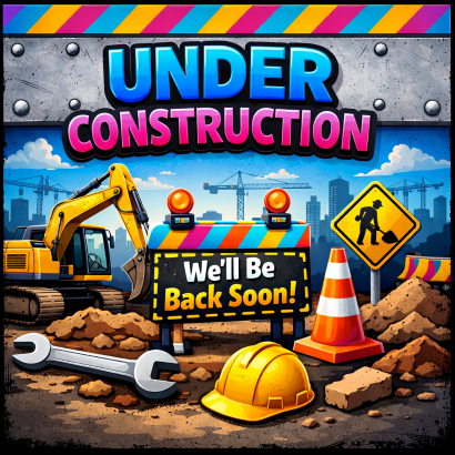 Colourful “Under Construction – We’ll Be Back Soon” illustration with construction equipment and warning signs.