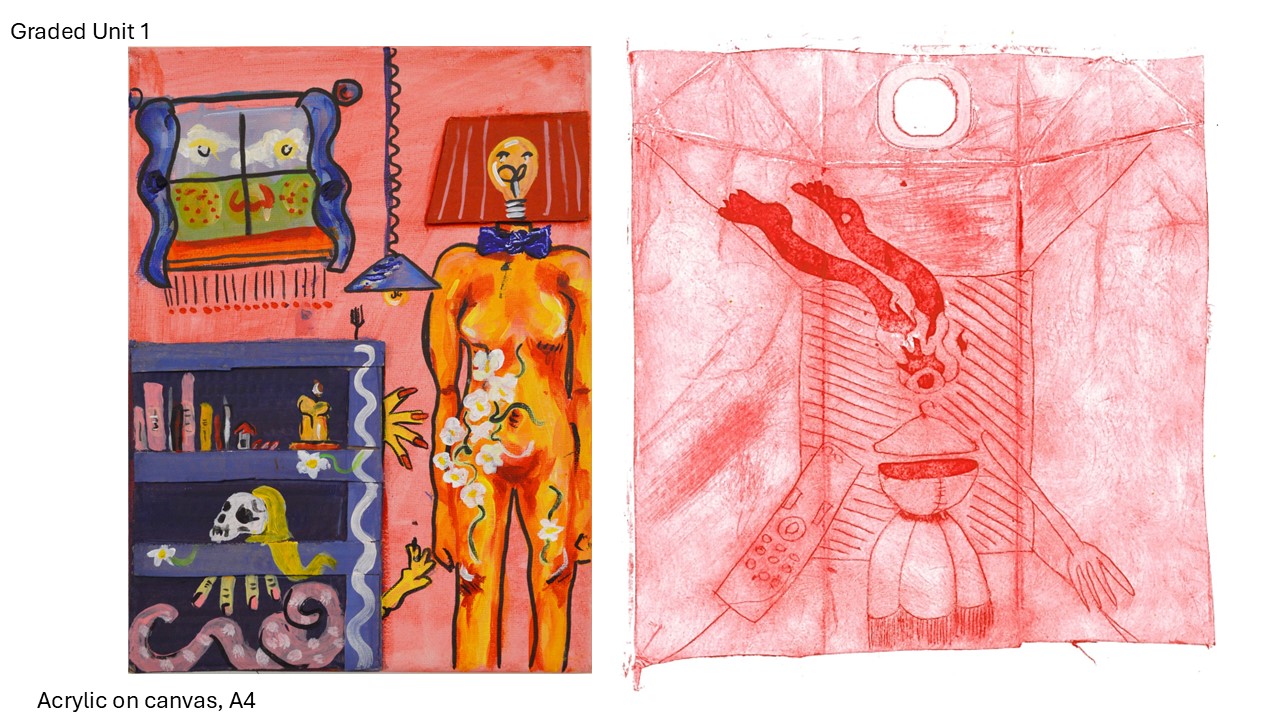 Two colourful mixed-media artworks from a graded unit, including surreal figures and symbolic imagery.