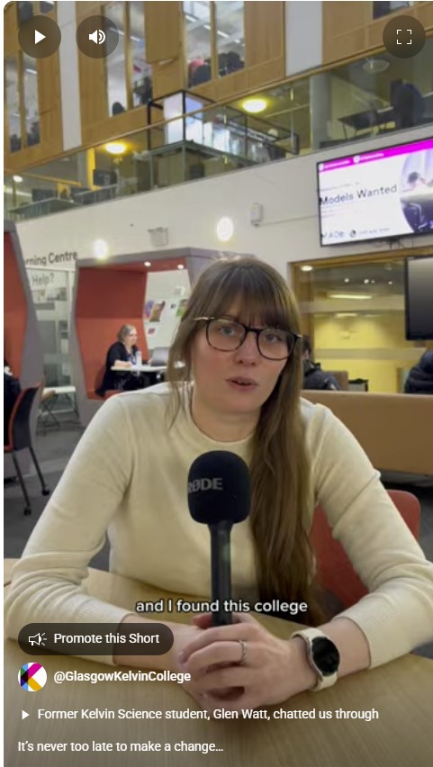 Student speaking into a microphone inside Glasgow Kelvin College’s modern atrium, reflecting on her journey into the Access to Medicine course.