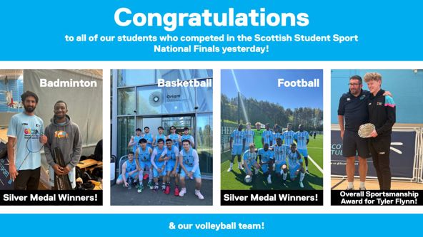 Graphic celebrating Glasgow Kelvin College students’ success at Scottish Student Sport National Finals, including silver medals in badminton and football and sportsmanship award.